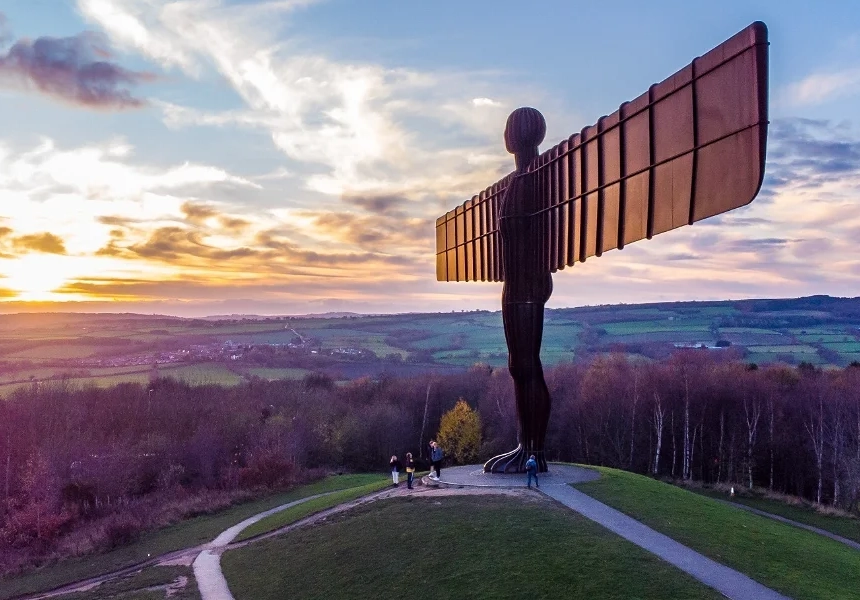 The Angel of the North, a 66ft tall steel sculpture by Antony Gormley is installed at Gateshead.