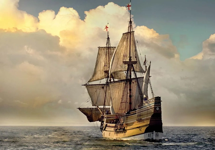The Mayflower departed for England after having deposited 102 Pilgrims at what became the American colony of Plymouth (Massachusetts), United States.