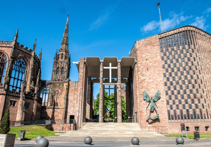 Queen Elizabeth II laid the foundation stone of the new Coventry cathedral. The new building was built next to the remains of the 14th-century cathedral that had been destroyed in the 2nd World War.