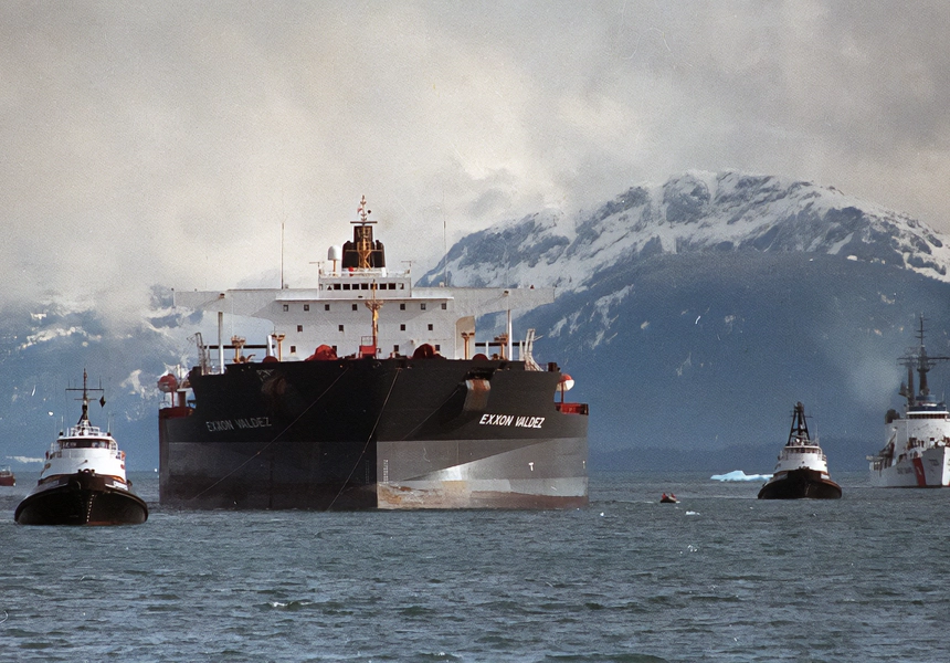 The oil tanker Exxon Valdez ran aground in Prince William Sound, Alaska, spilling 11 million gallons of oil.