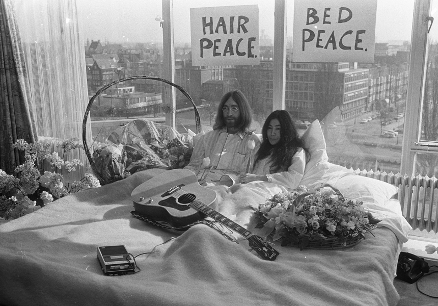 John Lennon and new wife Yoko Ono staged their ‘Beds in Peace’ at the Amsterdam Hilton. It lasted until 31st March and each day they invited the world's press into their hotel room, between 9 a.m. and 9 p.m.