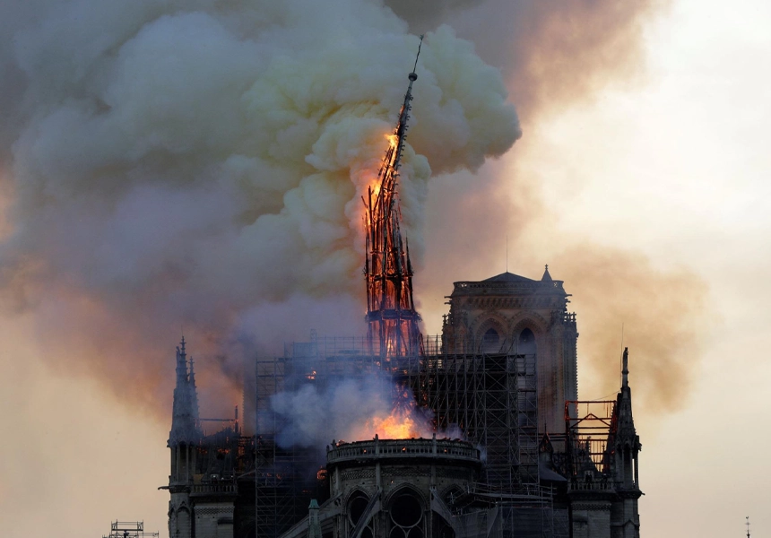 The historic Notre-Dame de Paris caught fire during a restoration campaign. The blaze destroyed most of the cathedral's roof and the 19th-century spire.