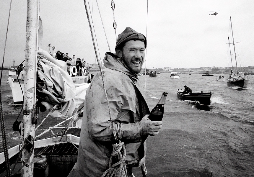 British yachtsman Robin Knox-Johnston sailed into Falmouth Harbour, completing the first non-stop solo voyage around the world.