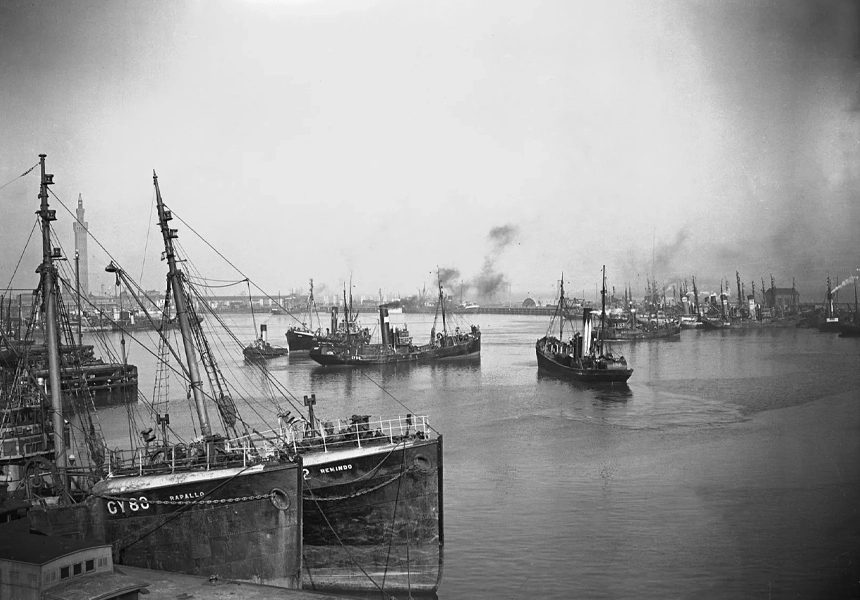 The opening of Grimsby Royal Dock. Grimsby once had the largest fishing fleet in the world. Albert, Prince Consort laid the first stone on 17th April 1849.