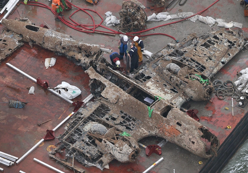 A Dornier 17 German World War II bomber was raised from the bottom of the English Channel. The aircraft was shot down off the Kent coast during the Battle of Britain and is believed to be the only intact example of its kind in the world.