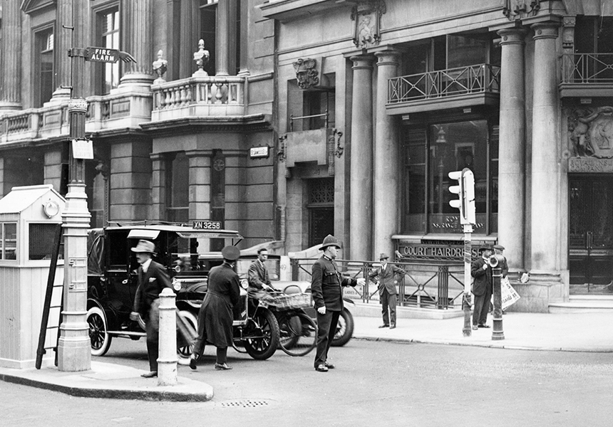 Manually operated three-colour traffic lights were first used in Piccadilly, London with automatic traffic lights making their first appearance on an experimental basis in Princes Square, Wolverhampton, during November 1927.