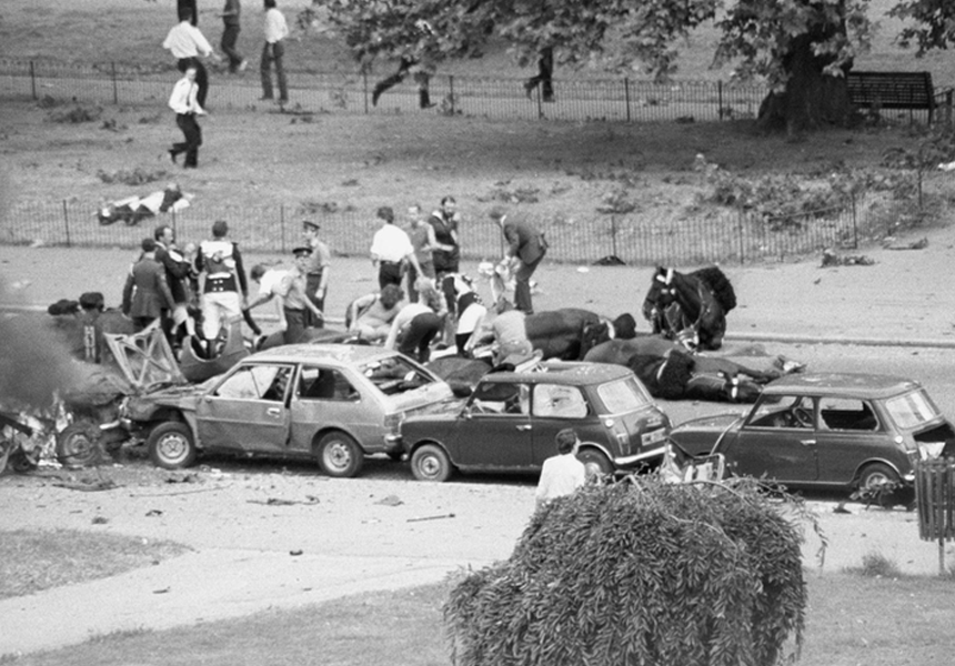 An IRA terrorist bomb in Hyde Park, London, killed 3 members of the Blues and Royals during the Changing of the Guard ceremony. Two hours later 8 bandsmen were killed by an IRA bomb planted at the bandstand in Regent’s Park.