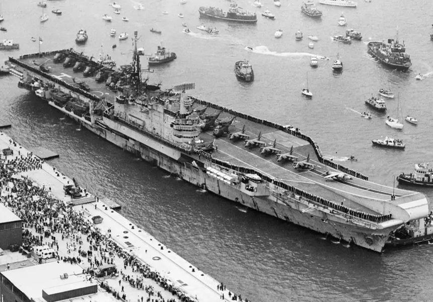 The flagship of the British task force to the Falklands, HMS Hermes, arrived back in Portsmouth. Thousands crowded the dockside to see the 1,700 on board disembark 108 days after she had left for her historic mission.