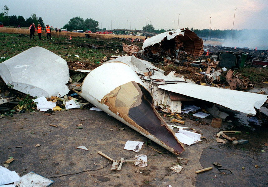 Air France Flight 4590, a Concorde passenger jet on an international charter flight from Paris to New York, crashed shortly after takeoff, killing all 109 people on board and four on the ground.