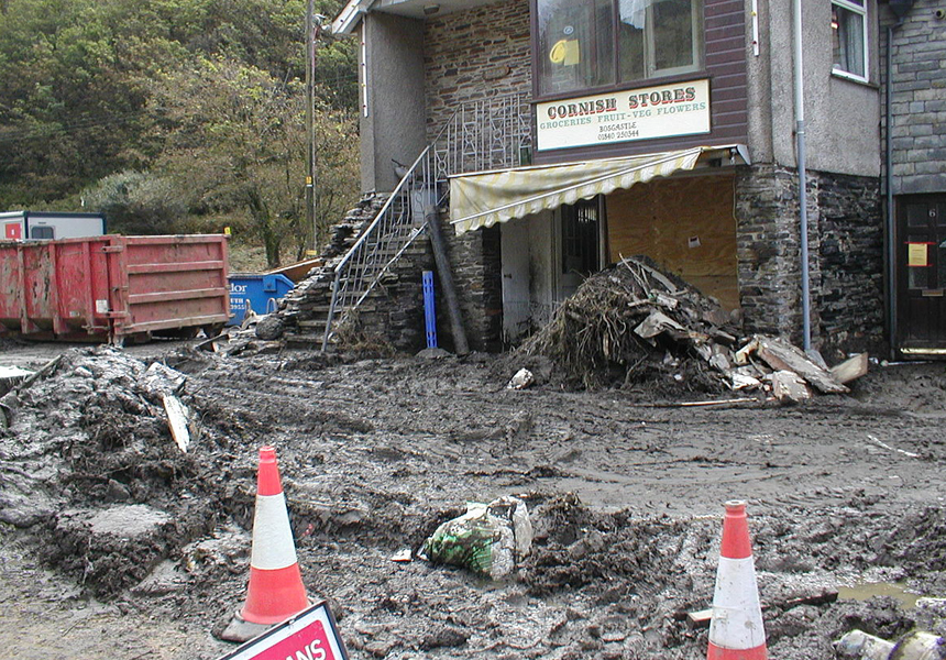 Flash floods devastated the north Cornwall coastal village of Boscastle after the area’s average August rainfall fell in just two hours.