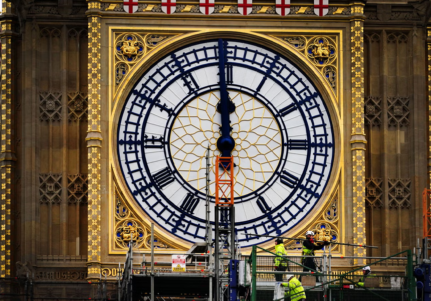 Restoration work halted the chimes of Big Ben from noon, for four years of conservation work on the Elizabeth Tower. The Tower is 96 metres high and home to the bells that make up the Great Clock, the most photographed building in Britain.