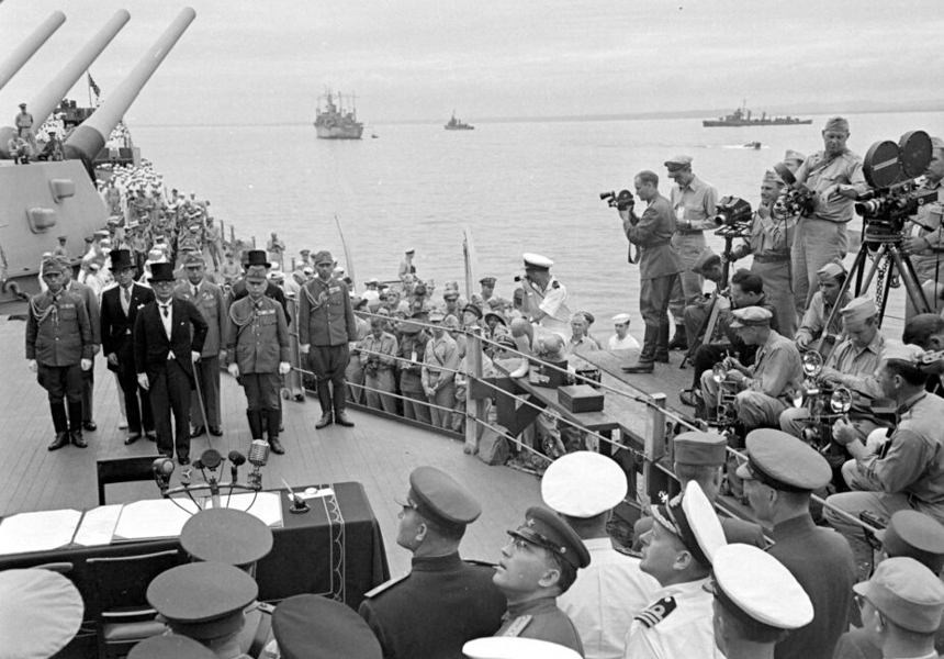 World War II officially ended when Japanese officials, aboard the USS Missouri in Tokyo Bay, surrendered on behalf of their country.