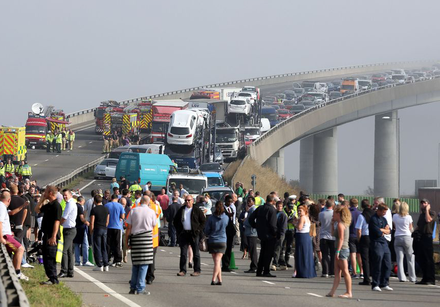 More than 130 vehicles were involved in a series of crashes in thick fog on the Sheppey crossing in Kent. The A249 bridge was closed for more than nine hours.