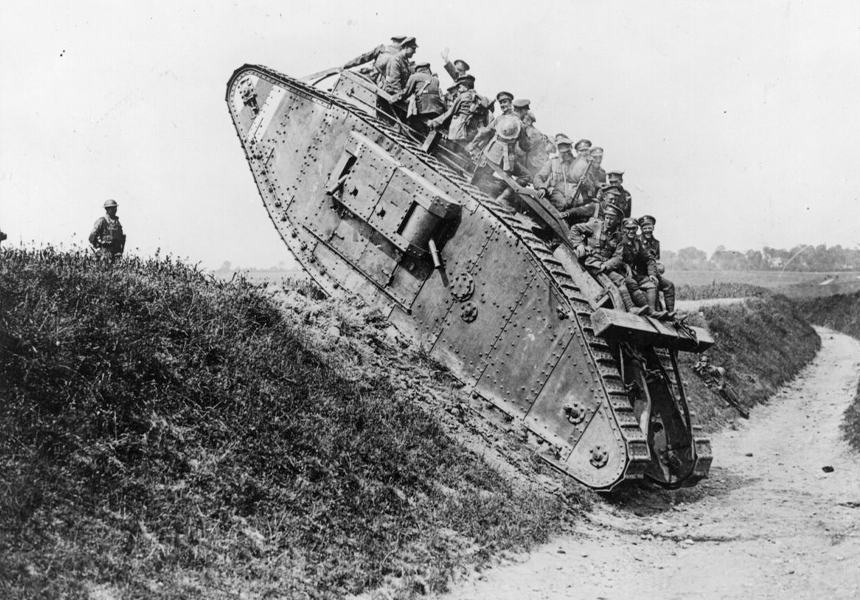 First use of tanks in warfare, “Little Willies” at Battle of Flers-Courcelette, part of the Battle of the Somme. A total of forty-nine tanks were set to be deployed at intervals along the British assaulting line.