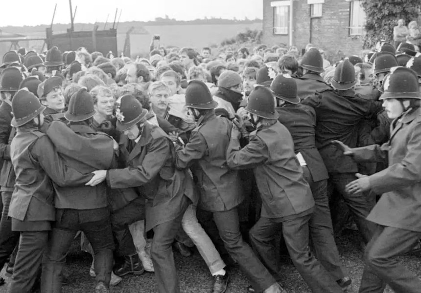 Police and miners clashed at a pit in Maltby, South Yorkshire, in one of the biggest pickets since the miners’ strike began.