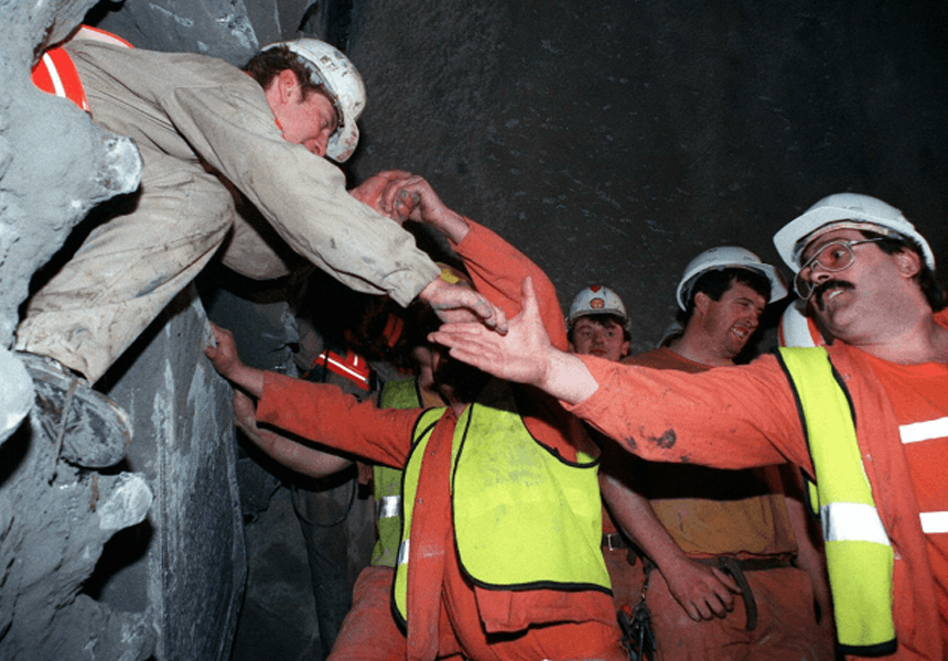 English and French tunnellers met for the first time underneath the English Channel during the construction of the Channel Tunnel.