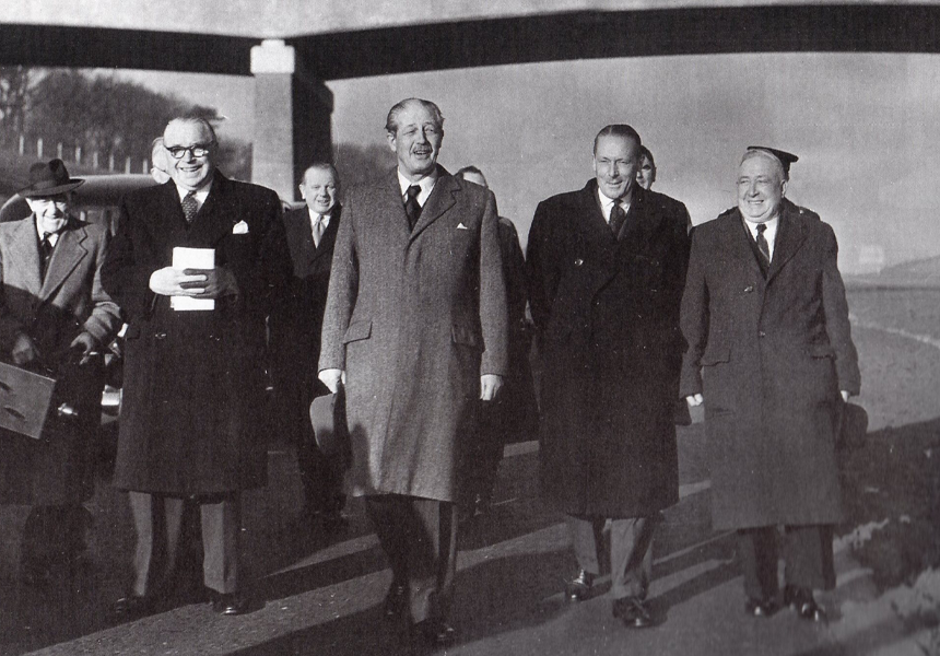 Prime Minister Harold Macmillan (center) opened the Preston bypass in Lancashire. It was the first stretch of motorway in Britain and is now part of the M6 and M55 motorways.