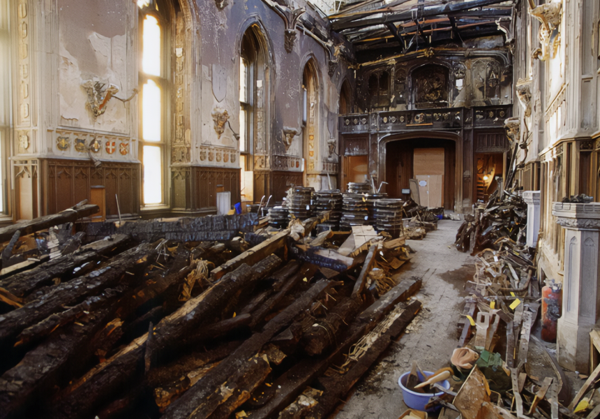 A fire broke out in Windsor Castle. It destroyed 115 rooms, including nine State Rooms. The fire started in Queen Victoria's Private Chapel, where a faulty spotlight ignited a curtain next to the altar. Within minutes the blaze was unstoppable.