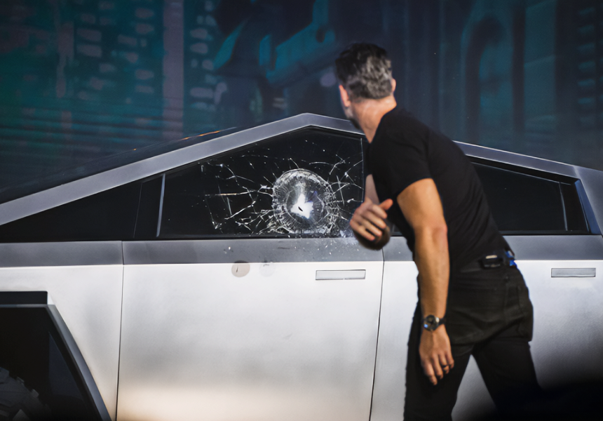 Elon Musk revealed Tesla’s first electric cyber truck with shatterproof windows. However, at the grand reveal, when the shatterproof windows were tested by being repeatedly hit by the design chief Franz von Holzhausen, the windows shattered.