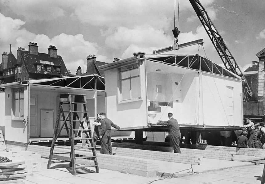The first of 500,000 prefab homes went on show in London. They were designed for demobilised servicemen and bombed-out families and consisted of 2 bedrooms, a living room, bathroom and toilet and kitchen on one floor.