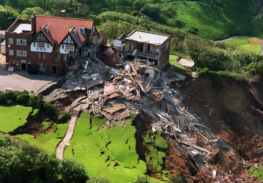 The Holbeck Hall Hotel in Scarborough, North Yorkshire, fell into the sea following a landslide, making news around the world. The event was captured on camera and broadcast worldwide, with the collapse even occurring during a live broadcast by ITV Calendar's Richard Whiteley.