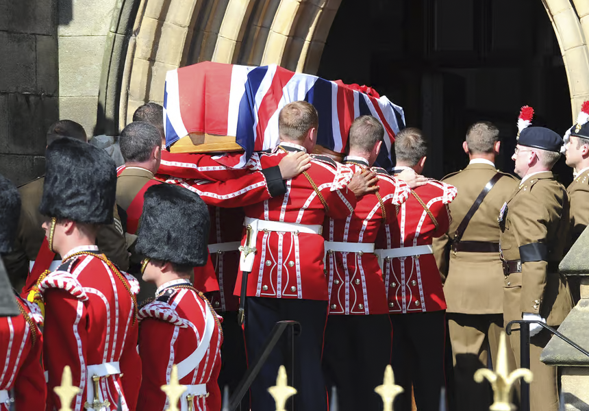 A military funeral was held for 25-year-old Fusilier Lee Rigby at Bury Parish Church in Greater Manchester. He was killed on the 22nd May 2013 outside Woolwich Barracks by Michael Adebolajo and Michael Adebowale.