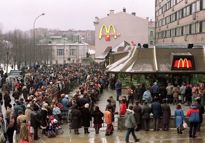 The first McDonald's in the Soviet Union opened in Pushkin Square, Moscow, marking a historic, symbolic shift towards Western culture during glasnost (Russian for "openness").