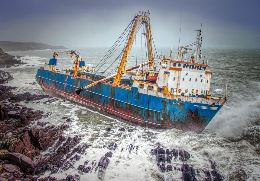 The 80-meter cargo vessel MV Alta washed ashore near Ballycotton, County Cork, Ireland, after being driven onto rocks by Storm Dennis.